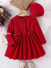 1pc Toddler Girls Elegant Corduroy Bow Decor Long Sleeve Dress, Autumn/Winter